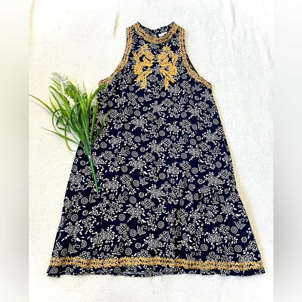 THML Navy & Gold Embroidered Halter Dress - Medium
